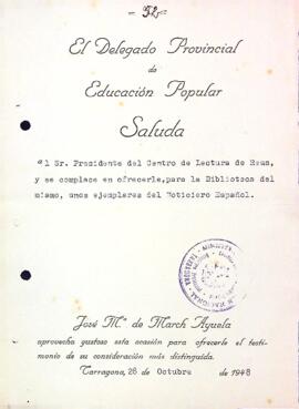 Carta de Josep M. de March Ayuela al president del Centre de Lectura