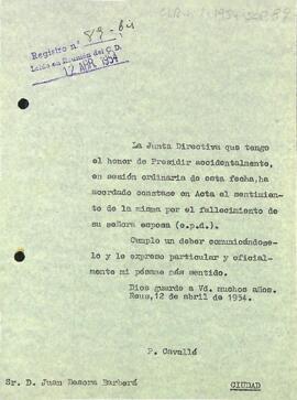 Carta de condol del president accidental a Joan Besora Barberà