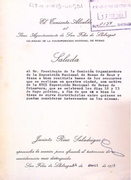 Carta de l'alcalde de Sant Feliu de Llobregat al president del Centre de Lectura fent entrega de les bases dels concursos de la XVII Exposició Nacional de Roses de Primavera