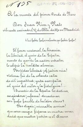 A la muerte del primer Conde de Reus Don Juan Prim y Prats vilmente asesinado el 27 de Obre. de 1870 en Madrid