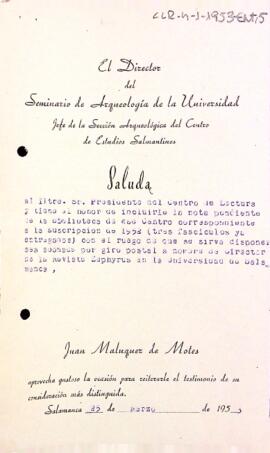 Carta del director del Seminari Arqueloògic de la Universitat de Salamanca al president del Centre