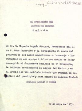 Carta d'agraïment del president a Eugeni  Grugués Gispert