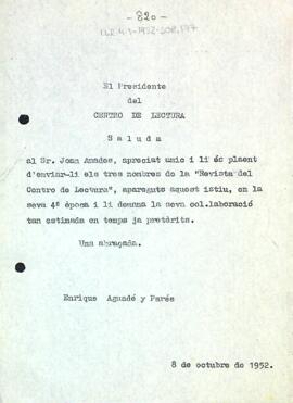 Carta d'Enric Aguadé Parés a Joan Amades