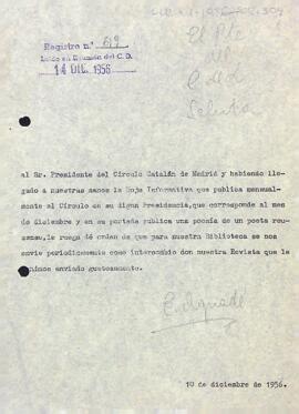 Carta del president del Centre de Lectura al Círculo Catalán de Madrid
