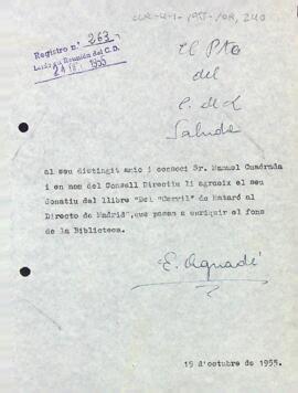 Agraïment a Manuel Cuadrada pel seu donatiu