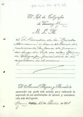 Manuel Beguer informa de la possessió del càrrec de cap de l'empresa de telegrafia