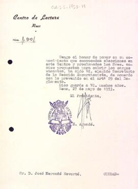 Carta del president del Centre de Lectura a Josep Mercadé