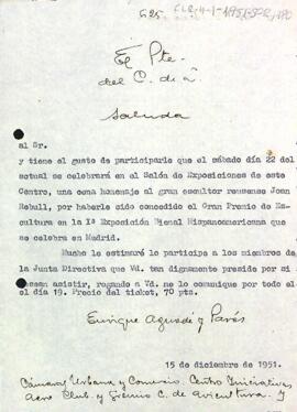 Invitació del president a l'acte d'homenatge a Joan Rebull