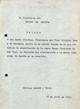 Carta d'Enric Aguadé Parés a Pere Albiñana