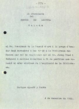 Carta d'Enric Aguadé Parés al president de la Secció d'Art