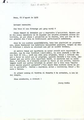 Carta de Josep Navàs recordant el primer assaig del curs