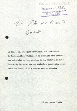 Carta del president al delegat provincial d'informació i turisme de Tarragona