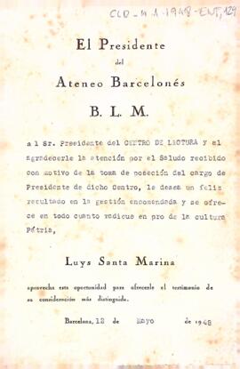 Carta de l'Ateneu Barcelonès al president del Centre de Lectura