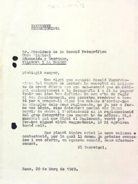 Carta de la Secció Excursionista a la Secció Fotogràfica de L'Obra Sindical Educación y Descanso