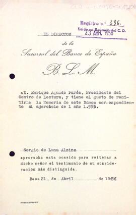 Carta del director de la sucursal del Banc d'Espanya a Reus