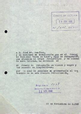 Carta a José M. Benítez comunicant el resultat del Concurs Nacional Rosa de Reus, XIII de Fotografia