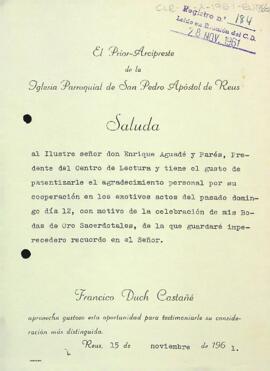 Carta del prior de l'Església Parroquial de Sant Pere al president del Centre de Lectura