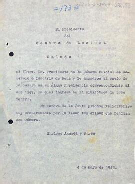 Agraïment d'Enric Aguadé al president de la Cambra Oficial de Comerç de Reus pel donatiu de la memòria de l'any 1947