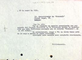 Carta del bibliotecari del Centre de Lectura a l'administrador de "Economía"