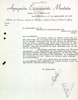 Carta de l'Agrupació Excursionista Muntanya