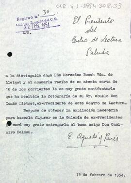 Carta d'agraïment del president a Mercedes Bosch vídua d'August Lletget