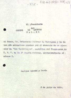 Carta d'agraïment del president al governador militar de Tarragona pel donatiu d'un exemplar del diari Los Castillejos