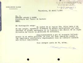 Carta d'agraïment de Guillermo Basso al president del Centre de Lectura
