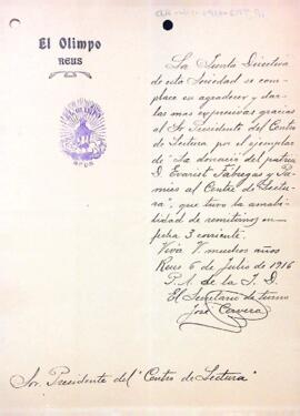 Agraïment de El Olimpo de Reus per un donatiu