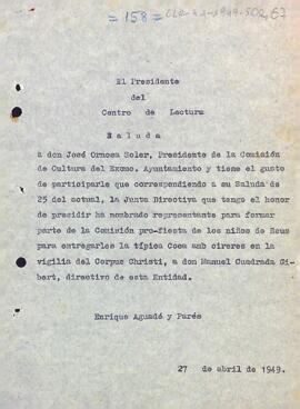 Comunicació del president a Josep Ornosa per anunciar el nom del representant de la comissió pro-festa