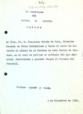 Carta d'Enric Aguadé Parés a Francisco García de Sala