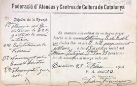 Convocatòria de la Federació d'Ateneus i Centre de Cultura de Catalunya a la pròxima reunió