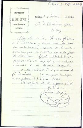 Carta de Jaime Jepús al president del Centre amb relació a l'impagament d'unes factures