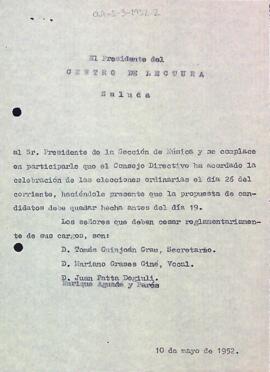 Carta del President del Centre de Lectura a la Secció