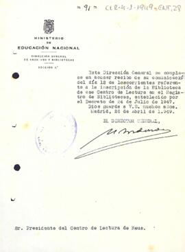 Comunicació del director general del Ministeri d'educació nacional confirmant la recepció de la sol·licitud d'inscripció de la Biblioteca del Centre al registre de biblioteques