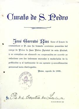 Josep Garrabé informa de la possessió del càrrec de prior de Sant Pere
