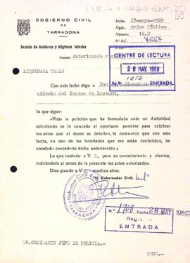 Carta del governador civil al president del Centre de Lectura