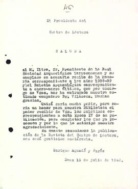 Carta d'Enric Aguadé Parés al president de la Real Sociedad Arqueológic Tarraconense