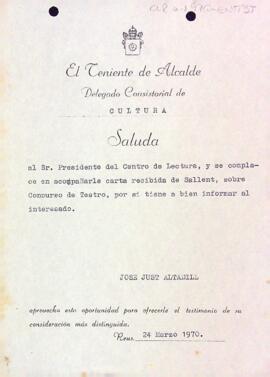 Carta del regidor de cultura de l'Ajuntament de Reus al president del Centre de Lectura