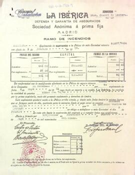 Suplement a la Pòlissa d'assegurança amb la Companyia La Ibérica núm. 7434