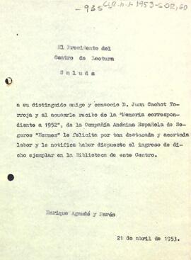Carta d'agraïment del president a Joan Cachot