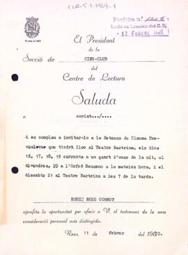 Carta del Cineclub del Centre de Lectura