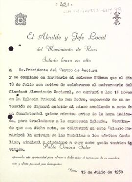 Invitació als actes de celebració de l'alçament nacional