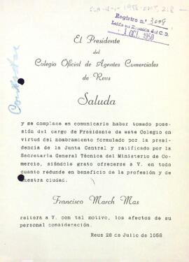 Francisco March es presenta com a nou president del Colegio Oficial de Agentes Comerciales de Reus