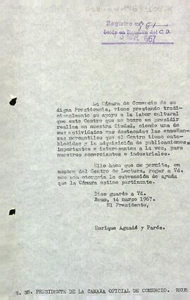 Carta del president a la Cambra Oficial de Comerç de Reus