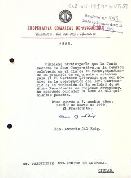Carta de la Cooperativa Comarcal d'Avicultors al president del Centre de Lectura