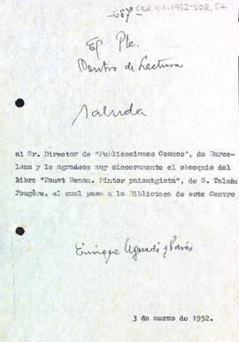 Carta d'agraïment al director de Publicaciones Cosmos