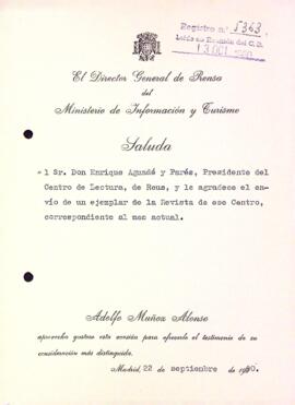 Carta d'Adolfo Muñoz Alonso