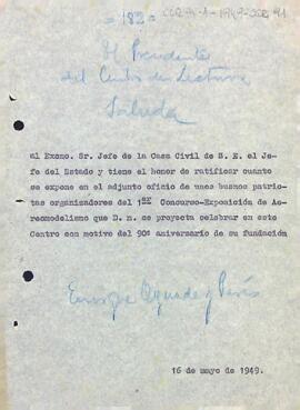 Carta del president al director de la casa civil de la S. E. del cap de l'estat ratificant l'ofici rebut dels organitzadors del Primer Concurs-Exposició d'Aeromodelisme que celebrarà l'entitat