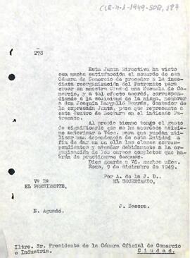 Carta del president a la Cambra de Comerç de Reus felicitant-los per la posada en marxa d'una Escola de Comerç i nomenant Joaquim Bargalló com a representant de l'entitat