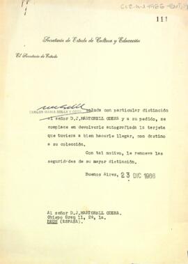 Carta del secretari d'estat de cultura i educació d'Argentina a Josep Martorell Òdena